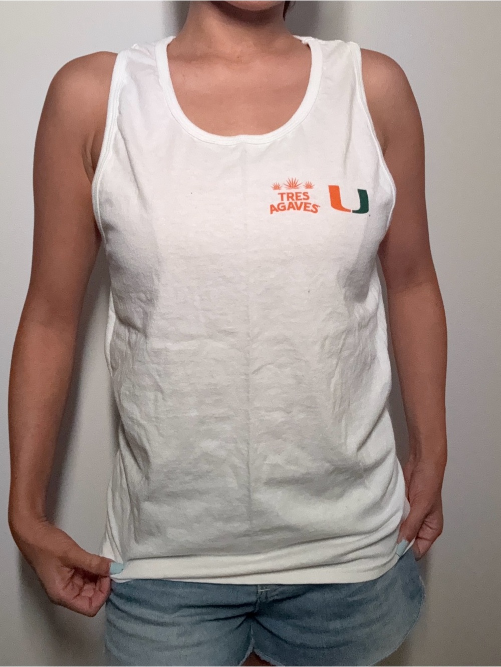 Cute Tres Agaves UM University of Miami Graphic Tank Top in White and Orange